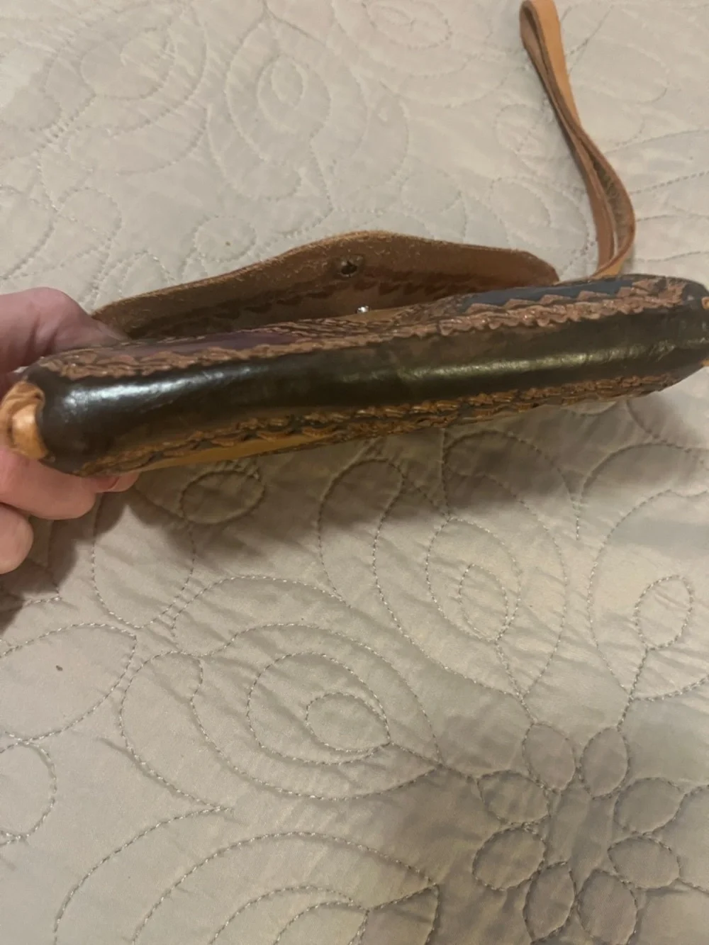 Handcrafted Multicolor Patchwork Pattern Tooled Leather Wristlet Clutch